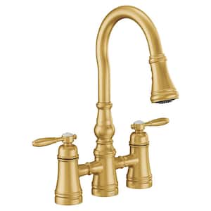Weymouth 2-Handle High-Arc Bridge Kitchen Faucet in Brushed Gold