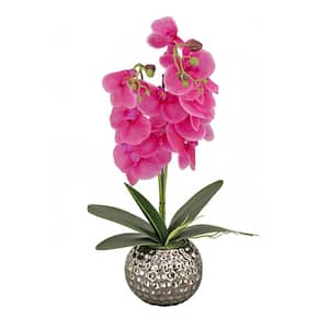 21 in Artificial Floran Arrangements Orchid in Silver Smooth Ceramic Pot- Color: Purple