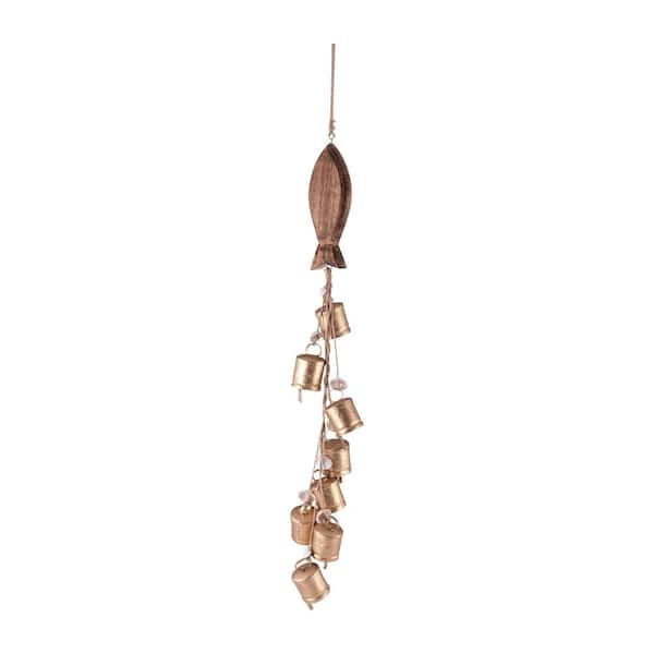 Gold 3 in. x 29 in. Metal and Wood Hanging Wind Chime Bells with Fish
