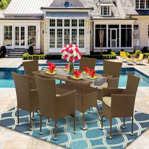 East West Furniture 7-Piece Natural Oak Finish Solid Wood Top Dining Table with 6 Chairs with Lattice Back