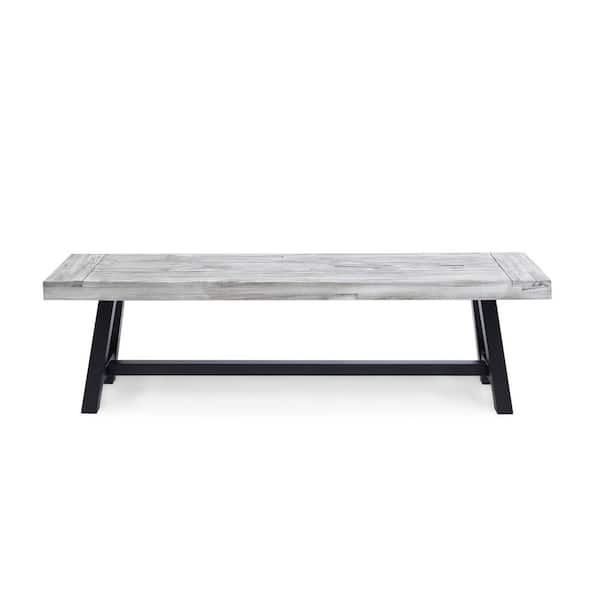 Miscool Anky 63 in. W 2-Person Gray Acacia Wood Outdoor Bench Ottoman
