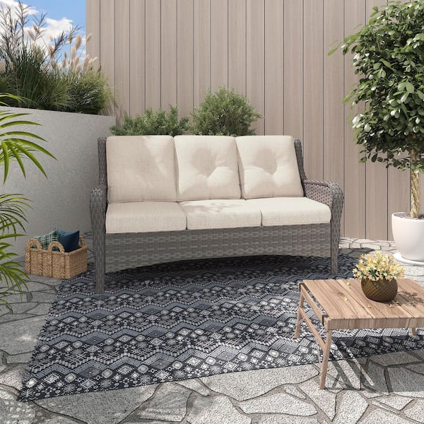 3-Seat Wicker Outdoor Patio Sofa Sectional Couch with Beige Cushions