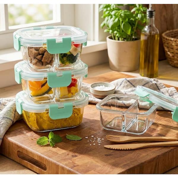 Glass Light Green Food Storage Containers Portion Cup Lid for 8 oz. Bariatric Portion with Two 4 oz. Compartments 3-Pack