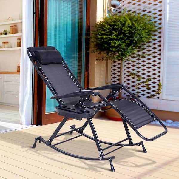 Folding Zero Gravity Rocking Lounge Metal Sling Chair with Cup Holder Tray, Durable Fabric and Folding Design, Black