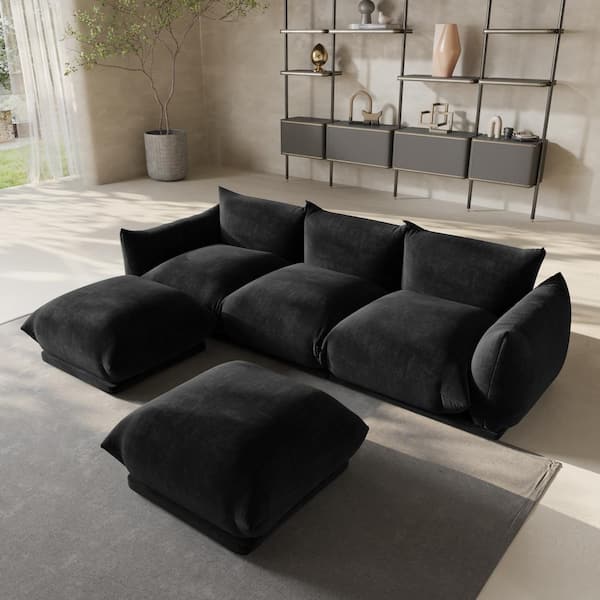 Lawson Convertible Couch, 104 in. Flared Arm Chenille Modular Sofa with 2 Ottomans in. Black for Living Room Office