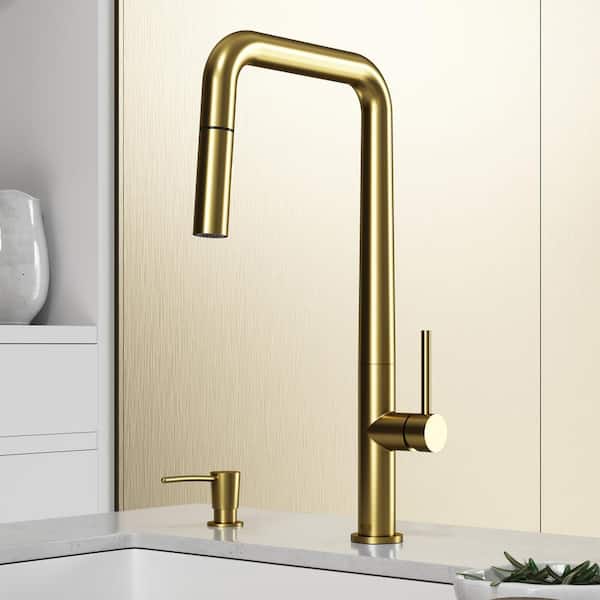 VIGO Parsons Single Handle Pull-Down Sprayer Kitchen Faucet Set with Soap Dispenser in Matte Brushed Gold