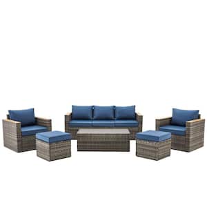 Gray Wicker 6-Piece Outdoor Patio Sectional Sofa Conversation Set with Light Blue Cushions 1 Side Table and 2 Ottomans