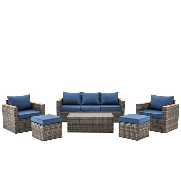 Zeus & Ruta Gray Wicker 6-Piece Outdoor Patio Sectional Sofa Conversation Set with Light Blue Cushions 1 Side Table and 2 Ottomans