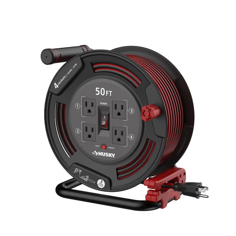 Husky 50 ft. 14/3 13AMP Retractable Extension Cord Reel with 4 Grounded Outlets Black