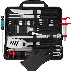 Heavy-Duty Portable Stainless Steel Cooking Accessories Kit with Glove and Corkscrew for Grill Camping, Black (26-Piece)