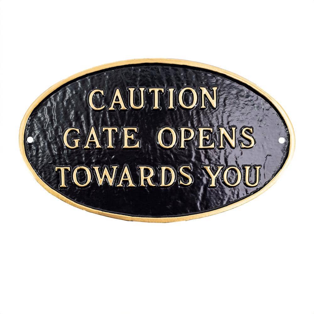 8.5 in. x 13 in. Standard Oval Caution Gate Opens Towards You Statement Plaque Sign - Black/Gold price history on PriceWatchPro
