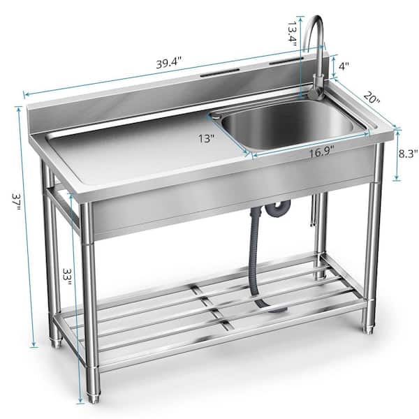 40 in. Freestanding 1-Compartment Commercial Kitchen Sink in Stainless Steel with Adjustable Feet and 2-Knife Holders