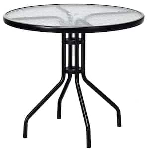 32 in. Black Round Metal Outdoor Dining Table with Umbrella Hole and Tempered Glass Top