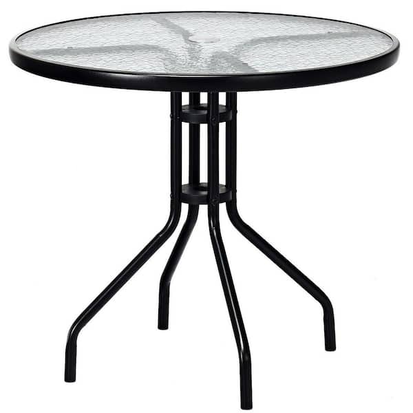 Unbranded 32 in. Black Round Metal Outdoor Dining Table with Umbrella Hole and Tempered Glass Top
