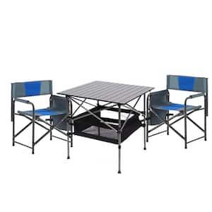 Blue Aluminum Outdoor Camping Folding Chairs Set with Rectangular Table (Set of 3)