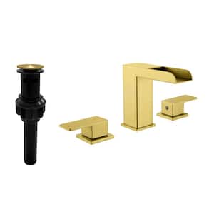 8 in. Widespread Double Handle Waterfall Bathroom Faucet with Pop-Up Drain 3-Hole Bathroom Sink Faucets in Brushed Gold