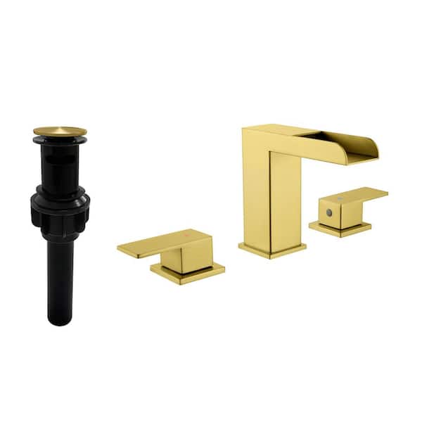 AIMADI 8 in. Widespread Double Handle Waterfall Bathroom Faucet with Pop-Up Drain 3-Hole Bathroom Sink Faucets in Brushed Gold