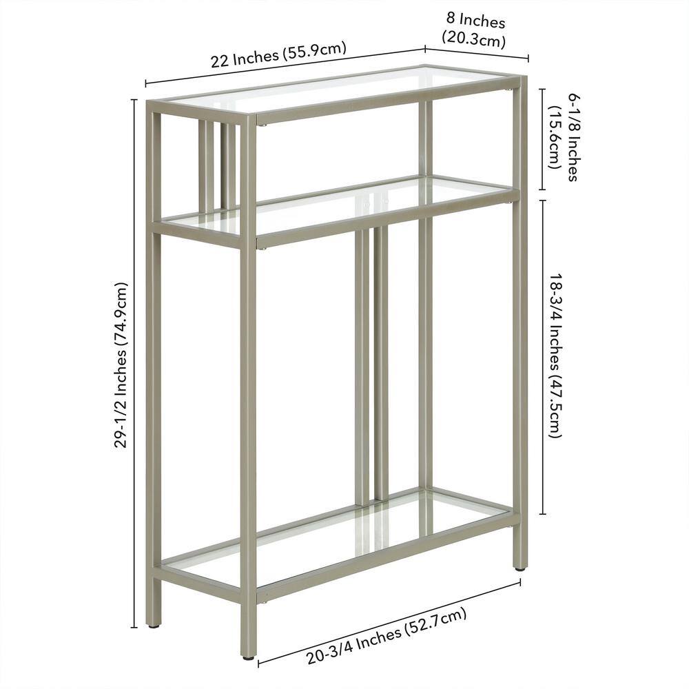 Cortland Compact Satin Nickel Console Table with Tempered Glass Shelves