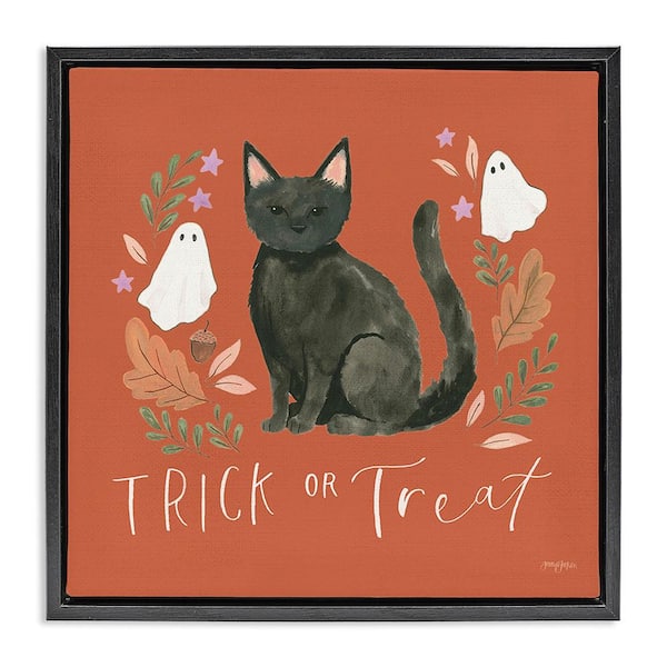 Stupell Industries Trick Or Treat Cat by Jenaya Jackson 1 Piece Floater Frame Graphic Print Typography Poster Art Print 18 in. x 18 in.