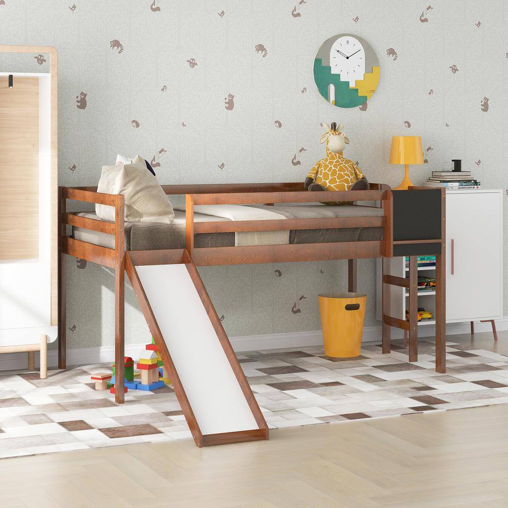 Walnut Twin Size Loft Bed Wood Bed with Slide, Stair and Chalkboard, Brown