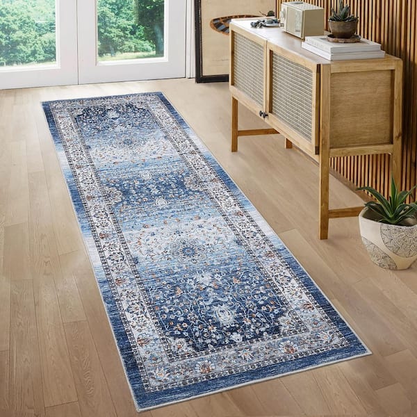 Soft Vintage Distressed Carpet Short Pile Non-slip Rug Washable Printed Rug Living Room Decorative Rug Blue 2X6ft