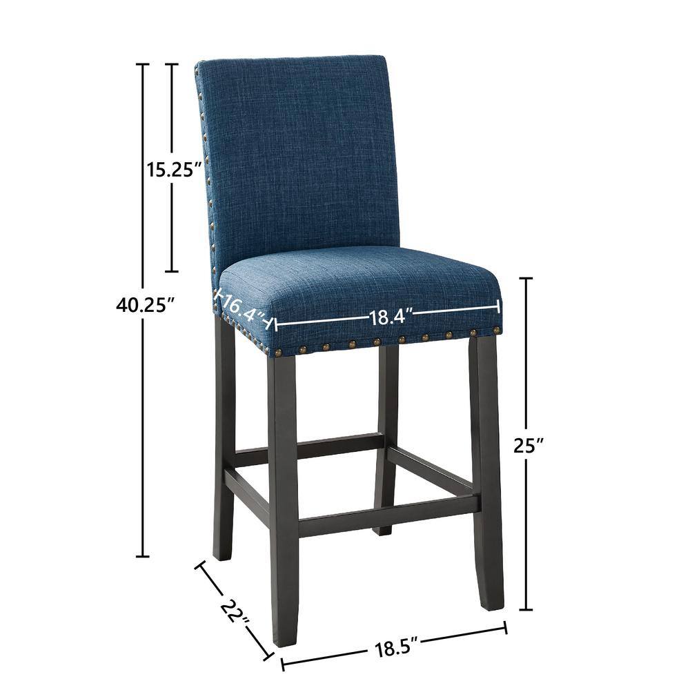 Marine Blue Upholstered Counter Stools with Nailhead Trim, Set of 2