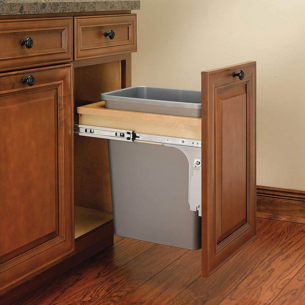 Gray Plastic Pull-Out Trash Can with Adjustable Mounting Brackets