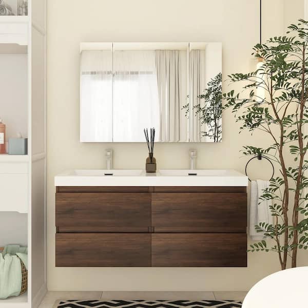 47 in. W x 19.5 in. D x 22.5 in. H Double Sink Wall-Mounted Bath Vanity in Rose Wood with White Resin Top