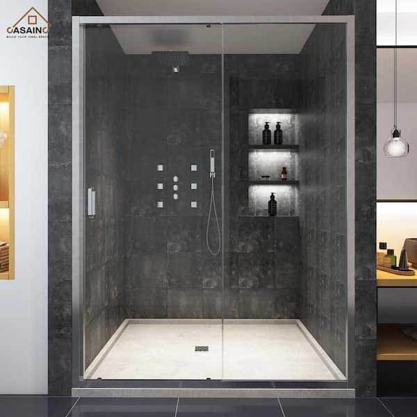 Sunny Shower Fully Frameless Sliding Shower Doors, 3/8 Clear Glass, 60 W  x 72 H Shower Enclosure, Brushed Stainless Steel 