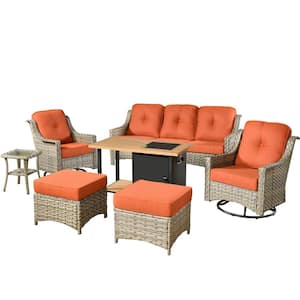 Denver 7-Piece Wicker Outdoor Patio Conversation Sofa Set with Swivel Chairs, a Storage Fire Pit and Red Cushions