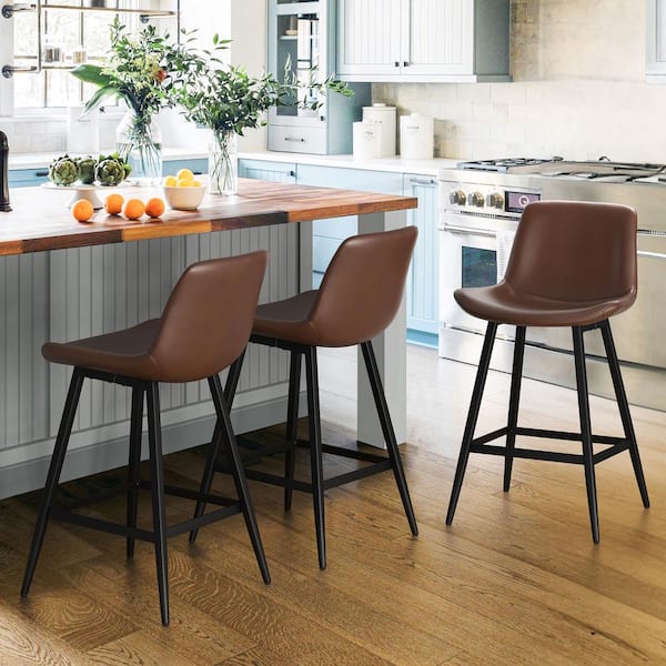 cozyman Abraham 24 in. Dark Brown Metal Counter Height Bar Stool Faux Leather Bucket Bar stool w Back Counter Stool Set of 3 24YBLH DB 6 The Home Depot