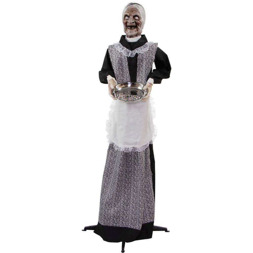 Haunted Hill Farm 5 ft. Emma the Animated Zombie Housemaid Holding a Tray, Indoor or Covered Outdoor Halloween Decoration