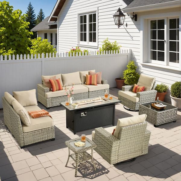 HOOOWOOO Kelleys 10-Piece Wicker Outdoor Patio Conversation Sofa Fire Pit Furniture Set with Swivel Chairs and Beige Cushions