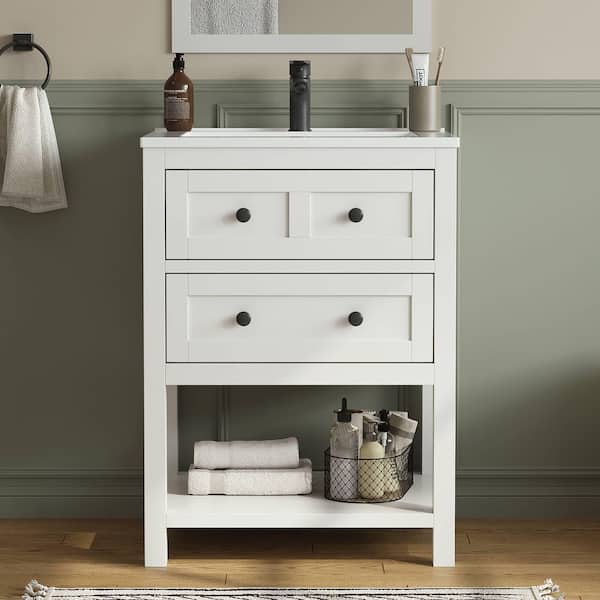 Shay 25 in. Single Sink White Bath Vanity with White Engineered Solid Surface Top, Open Shelf and 2 Drawers Unassembled
