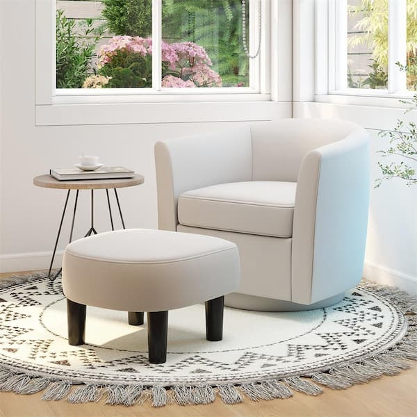Creamy White Linen Fabric Swivel Barrel Chair Set of 1 with Ottoman Footrest Curved Backrest & Armrests Living Room