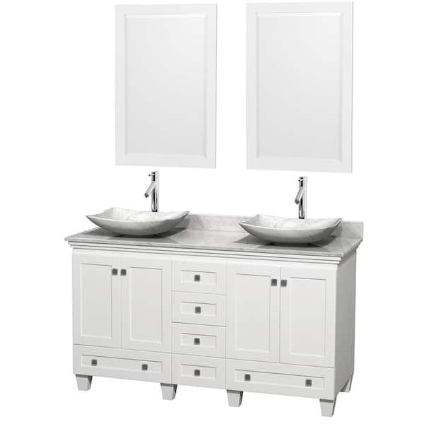 Wyndham Collection Acclaim 60 in. W Double Vanity in White with Marble Vanity Top in Carrara White, White Carrara Sinks and 2 Mirrors