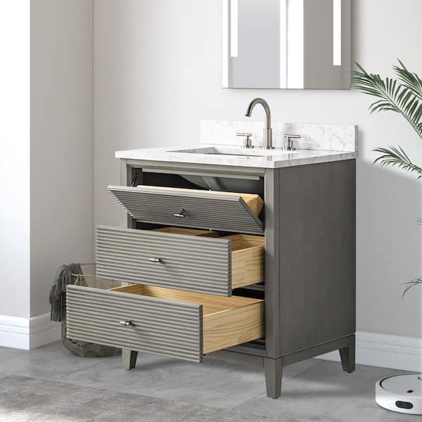 30 in. W Single Sink Freestanding Driftwood Gray Bath Vanity Cabinet with Arabescato White Engineered Marble Top