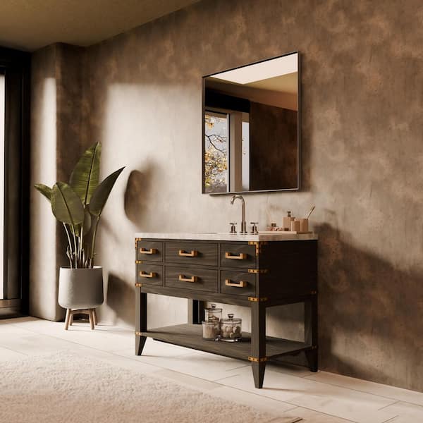 Irvington 48 in W x 22 in D Black Oak Single Bath Vanity, Carrara Marble Top, Faucet Set, and 46 in Mirror