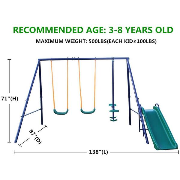 Sudzendf Blue and Green Metal Outdoor Swing Set with 2 Swing
