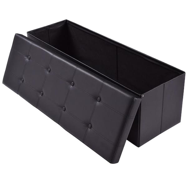 FORCLOVER Black 45 in. Large Folding Ottoman Storage Seat Upholstered Block Pattern