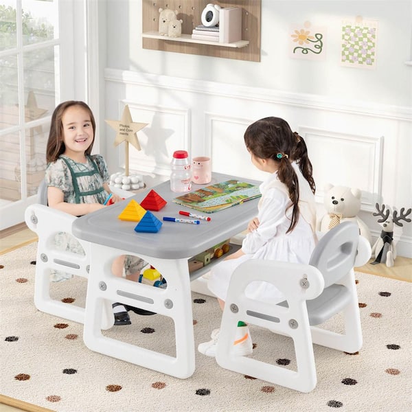 3-Piece Rectangle Plastic Top Gray Kids Table and Chair Set Toddler Activity Study Desk with Building Blocks