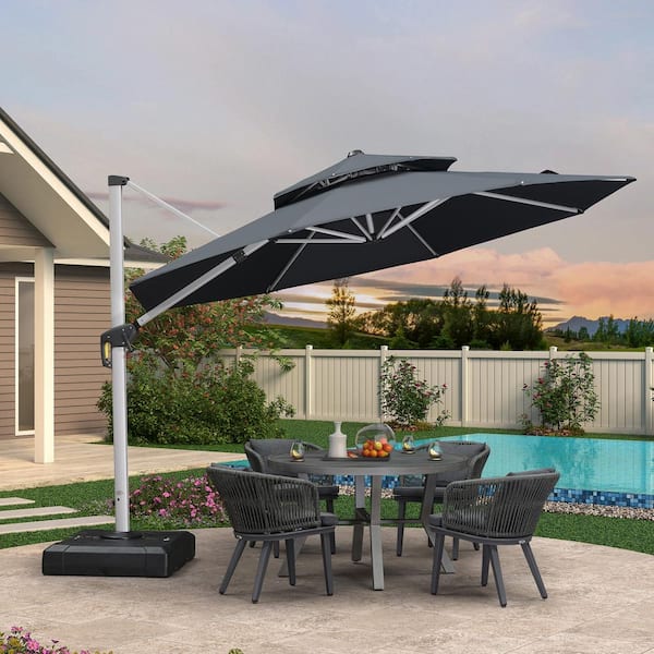 PURPLE LEAF 11 ft. Octagon High-Quality Aluminum Cantilever Polyester Outdoor Patio Umbrella with Base, Gray