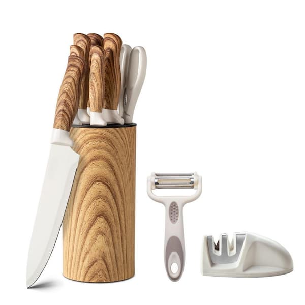 9-Piece Stainless Steel Kitchen Knife Set with Block and Sharpener, Chef Knife Block Set, Beige and Light Brown