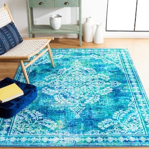 Bahia Blue/Green 7 ft. x 7 ft. Machine Washable Distressed Floral Square Area Rug