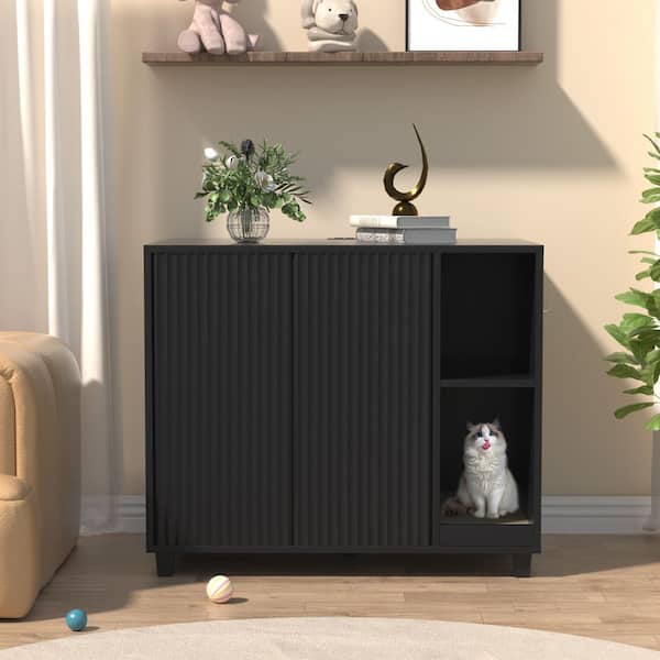 Litter Box Enclosure, Modern Cat Litter Box Enclosure Furniture Hidden Litter Box in Black