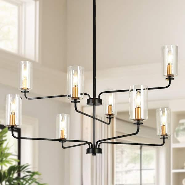 Transitional 37 in. 8-Light Black and Satin Gold 3-Tiered Candlestick Chandelier with Clear Glass Shades for Living Room