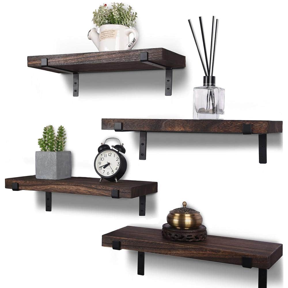 6 in. W x 17 in. D Dark Brown Wood Floating Decorative Wall Shelf (Set of 4