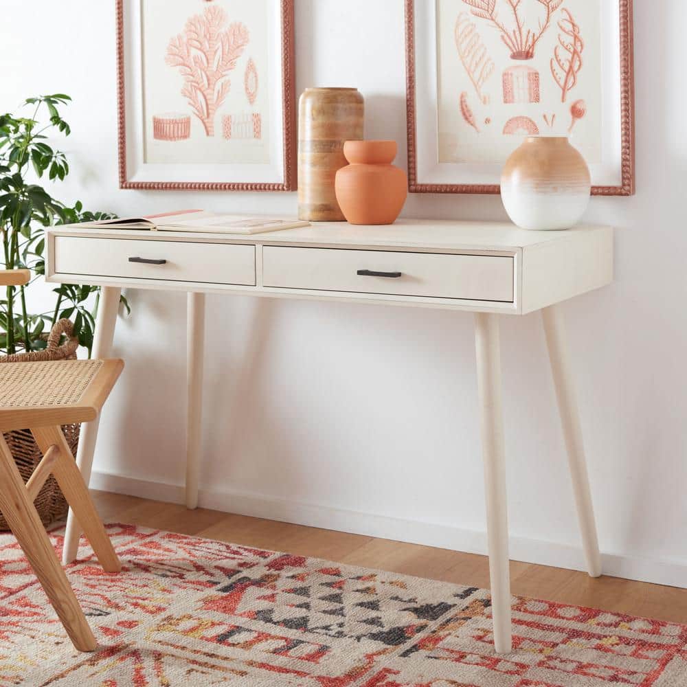 Distressed White Retro Wood Writing Desk with Drawers