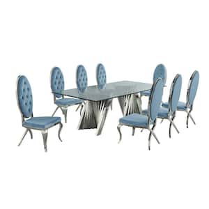 Becky 9-Piece Rectangular Glass Top with Stainless Steel Base Table Set with 8-Teal Blue Velvet Chairs with Crystals
