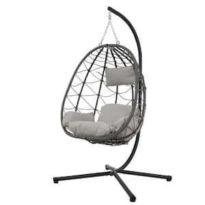 Outdoor Garden Wicker Swing Chair Outdoor Rocking Chair Foldable Hanging Egg Chair with Stand and Gray Cushion